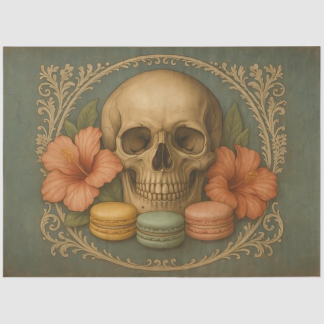 Skull with Macarons  | Vintage Skull Decoupage Tissue Paper (Front)