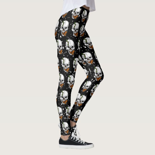 Skull with Monarch Butterflies Black Background Leggings (Right)