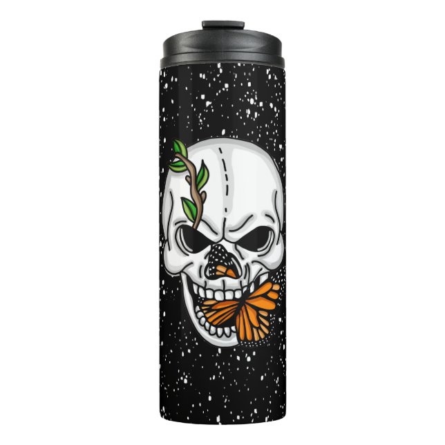 Skull with Monarch Butterflies Black Background Thermal Tumbler (Front)
