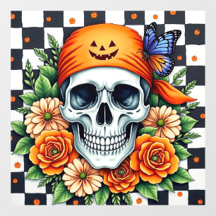 Skull With Orange Bandanna And Roses With Checkers