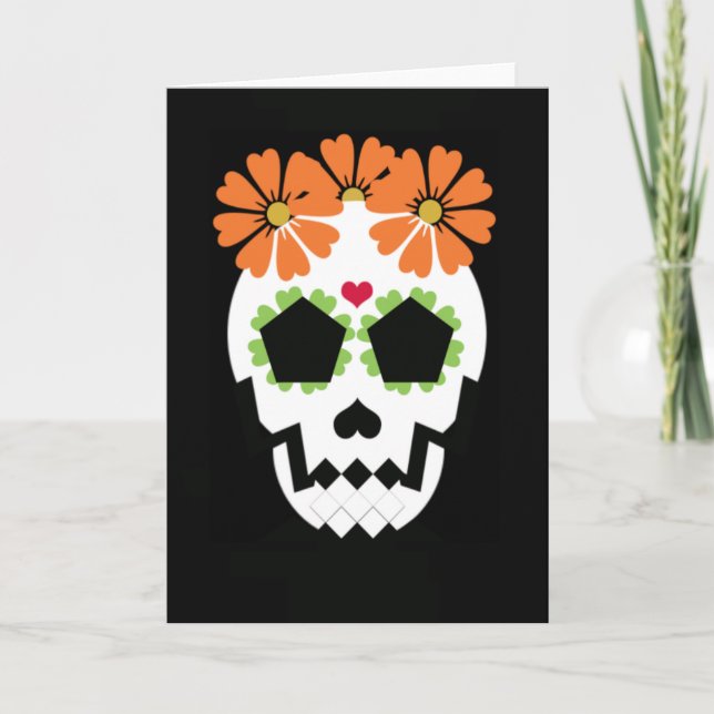 Skull With Orange Flowers Greeting Card (Front)