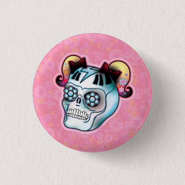 Skull with Pigtails Button (Front)