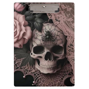 Skull with Pink Lace and Soft Pink Flower Clipboard