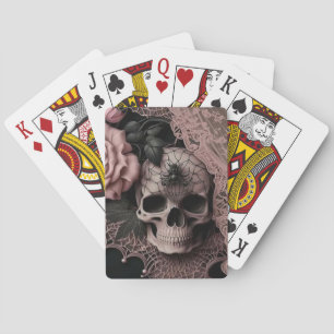 Skull with Pink Lace and Soft Pink Flower Playing Cards