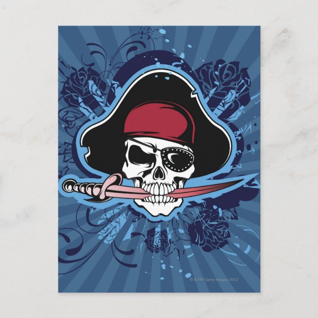 Skull with pirate's hat, eyepatch and sword postcard (Front)
