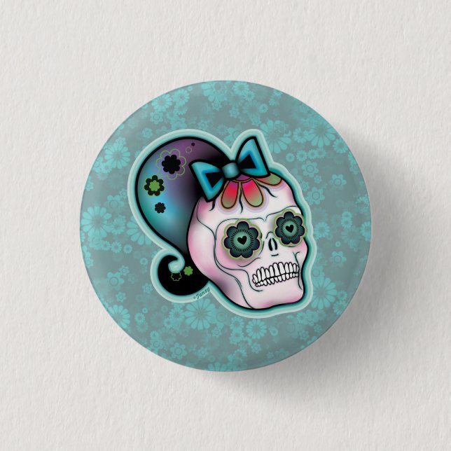 Skull with Ponytail Button (Front)