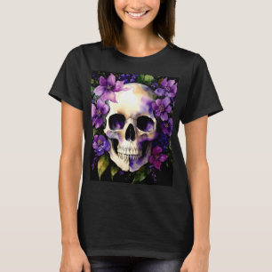 Skull With Purple Flowers Goth Watercolor Art T-Shirt