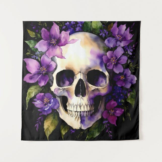 Skull With Purple Flowers Goth Watercolor Art Tapestry (Front)