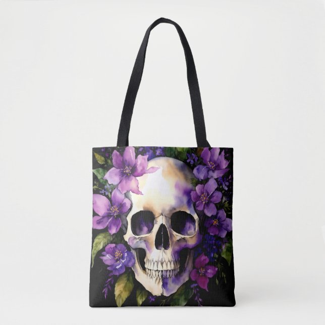 Skull With Purple Flowers Goth Watercolor Tote Bag (Front)