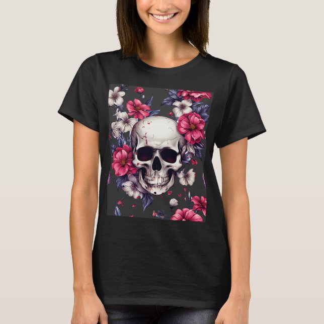 Skull With Red Flowers T-Shirt (Front)