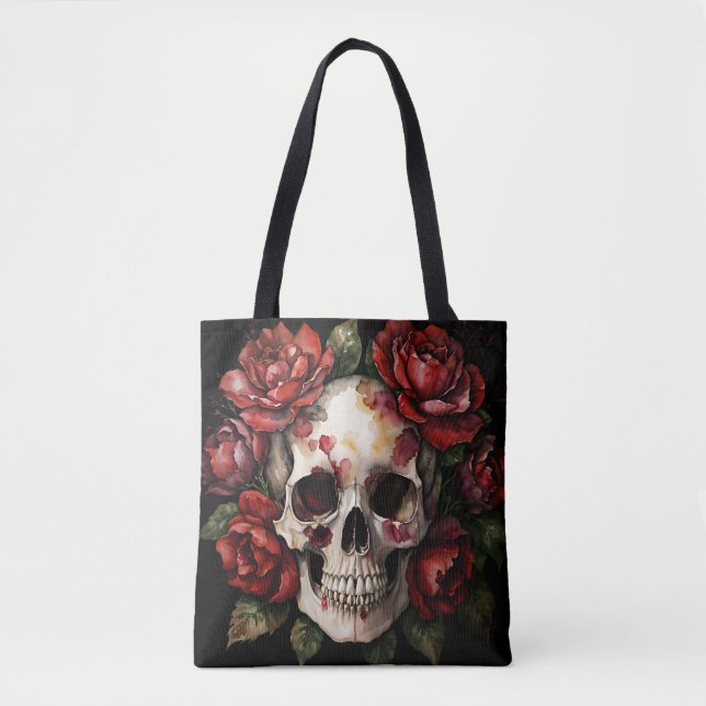 Skull With Red Roses Tote Bag (Front)