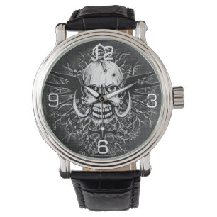 Skull With Rose, Horns, Cross, Wings Illustration Watch