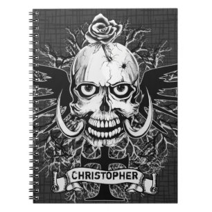 Skull With Rose, Horns, Cross, Wings Personalise Spiral Notebook