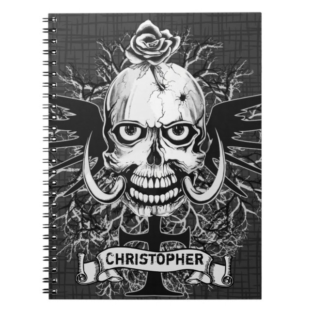 Skull With Rose, Horns, Cross, Wings Personalise Spiral Notebook (Front)