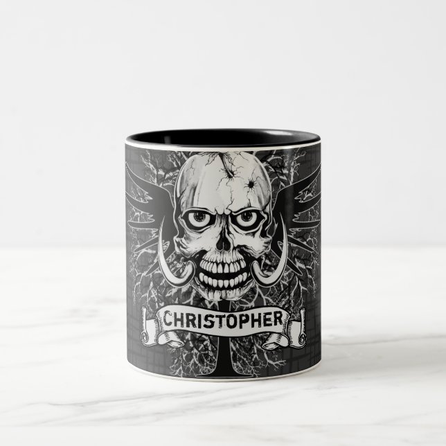 Skull With Rose, Horns, Cross, Wings Personalise Two-Tone Coffee Mug (Center)