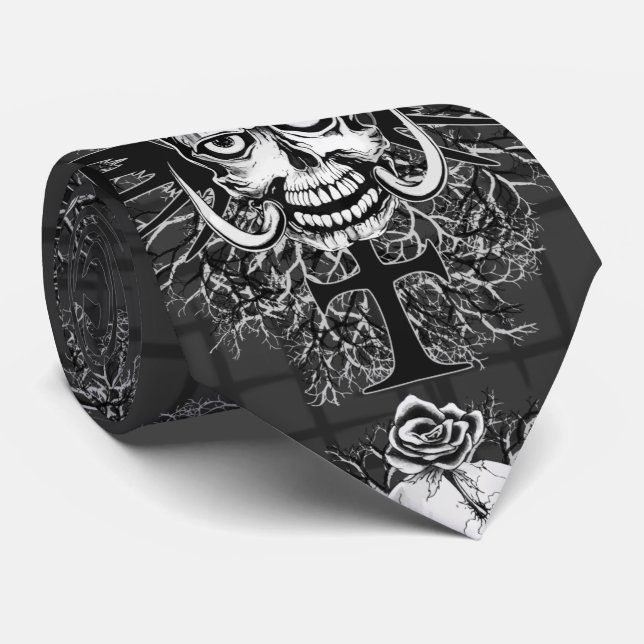 Skull With Rose, Horns, Cross, Wings Tie (Rolled)