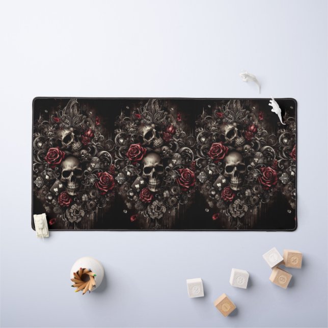 Skull with Roses and black background Desk Mat (Kids Table)