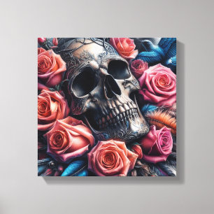 Skull with Roses and Bluebird Canvas Print
