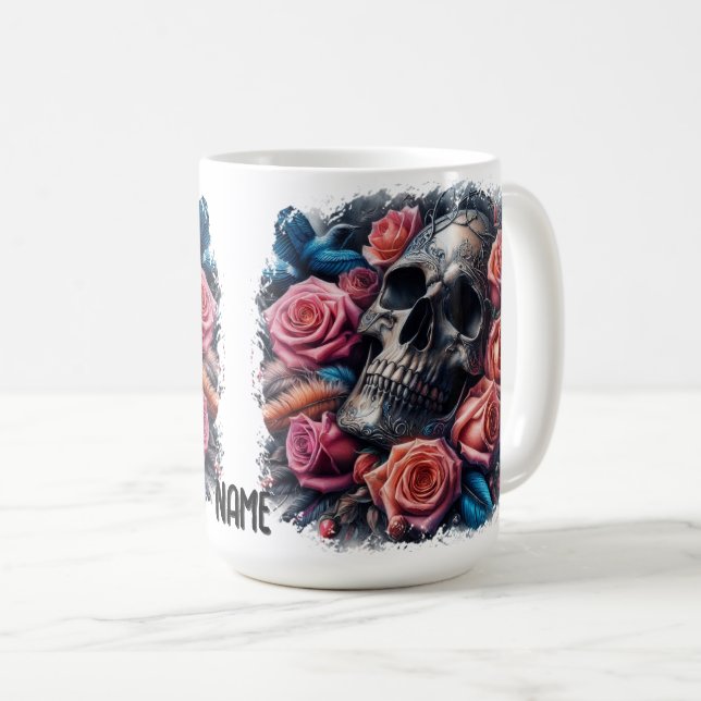 Skull with Roses and Bluebird Coffee Mug (Front Right)