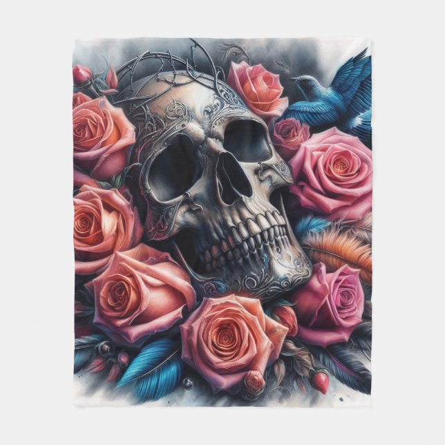 Skull with Roses and Bluebird Fleece Blanket (Front)