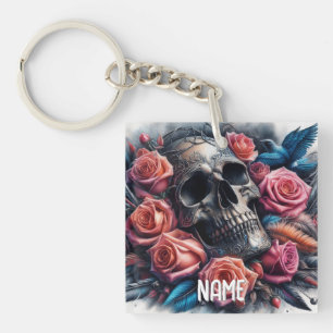 Skull with Roses and Bluebird Key Ring