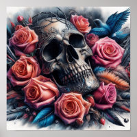 Skull with Roses and Bluebird