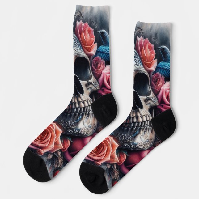 Skull with Roses and Bluebird Socks (Left)