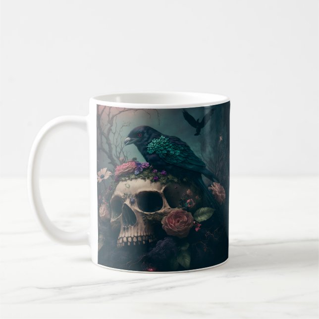 Skull with Roses and Crow Goth Art Coffee Mug (Left)