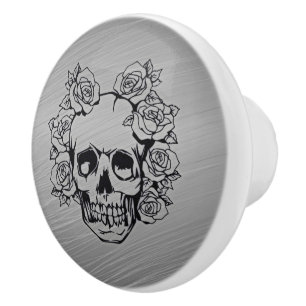 skull with roses ceramic knob
