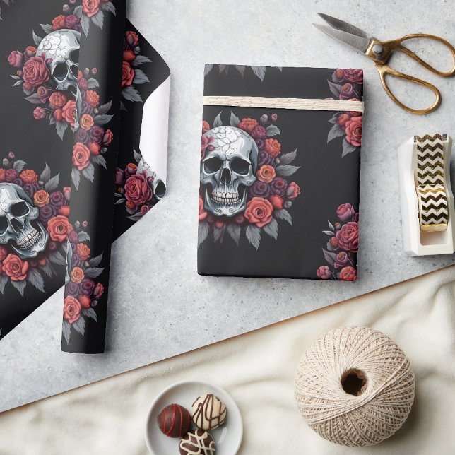 Skull with Roses Gothic Halloween Wrapping Paper (🌹 Elegance in Darkness: Gothic Halloween Wrapping Paper! 👻)