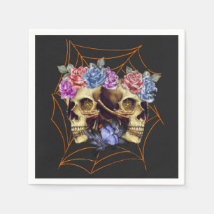 Skull with Roses, Gothic Spooky Halloween Napkin