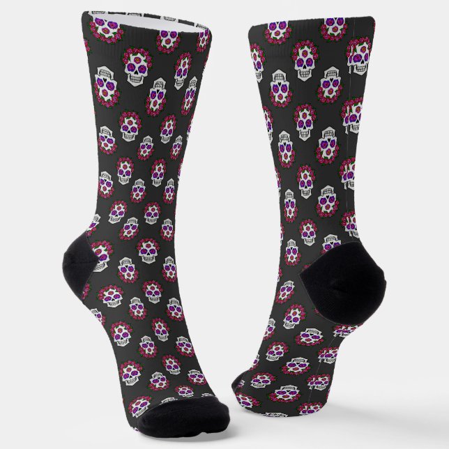 Skull with Roses Halloween Day of the Dead Socks (Angled)