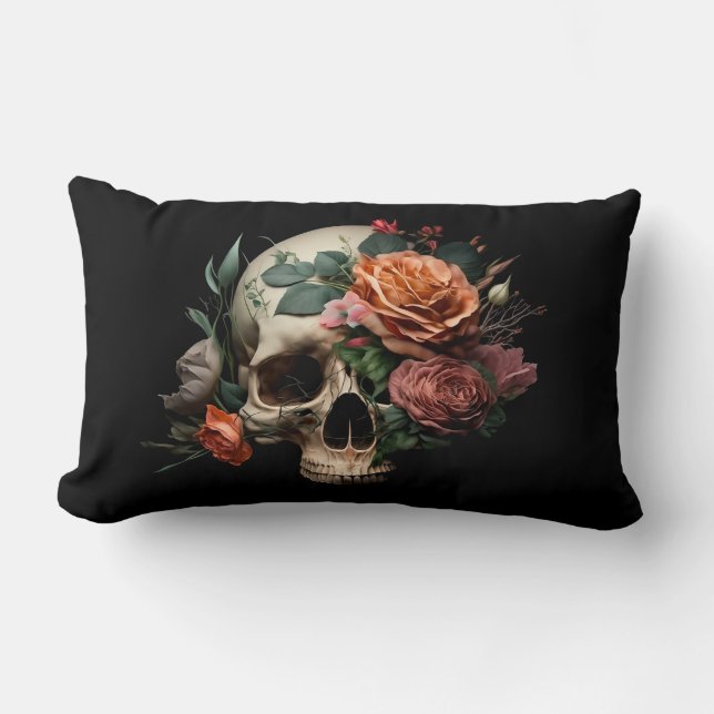 Skull with Roses oblong Cushion Pillow (Front)