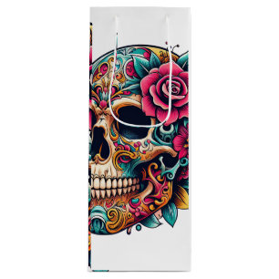Skull with Tattoos and flowers Wine Gift Bag