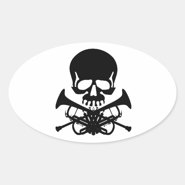 Skull with Trumpets as Crossbones Oval Sticker (Front)