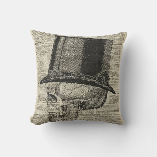 Skull with victorian hat stencil over old book pag cushion (Front)