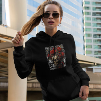 Skull With Wild Hair Roses In Vintage Leaves  Hoodie