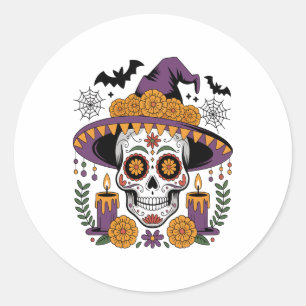 Skull with Witch Hat Halloween Vector Classic Round Sticker