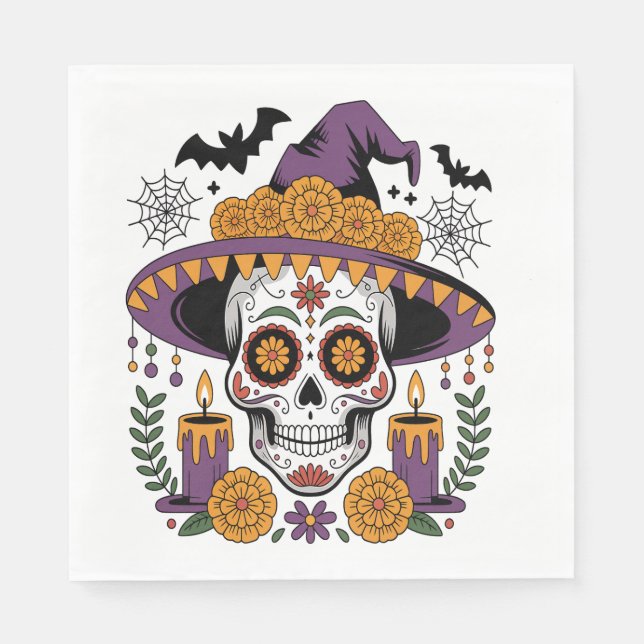 Skull with Witch Hat Halloween Vector Napkin (Front)