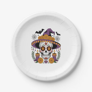 Skull with Witch Hat Halloween Vector Paper Plate