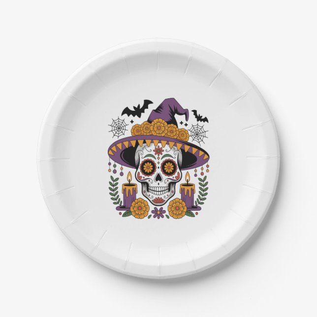 Skull with Witch Hat Halloween Vector Paper Plate (Front)