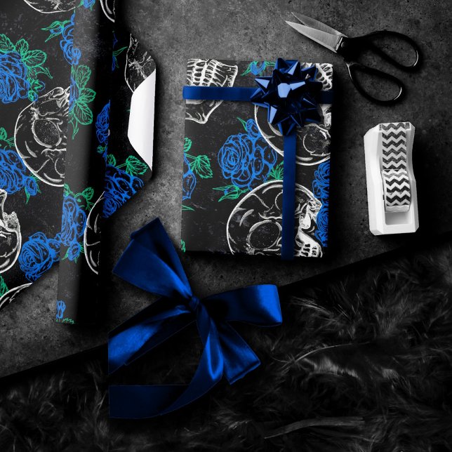 Skulls and Blue Roses | Cool Funky Dark Grunge Wrapping Paper (Creator Uploaded)