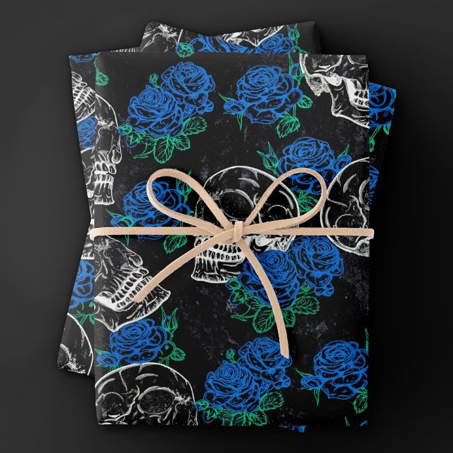 Skulls and Blue Roses | Cool Funky Dark Grunge Wrapping Paper Sheet (Creator Uploaded)