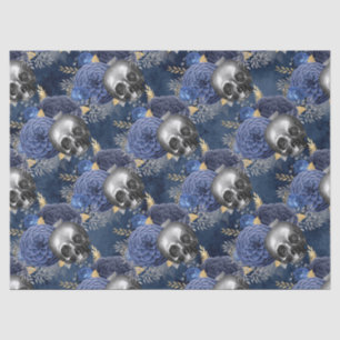 Skulls and Blue Roses on Blue Decoupage Tissue Paper