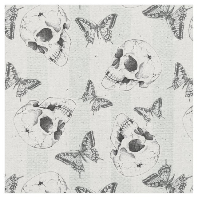 Skulls and butterflies fabric (Close Up)