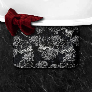 Skulls and Chalk Roses Funky Gothic Glam Grunge Bath Mat