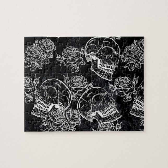 Skulls and Chalk Roses | Gothic Glam Funky Grunge Jigsaw Puzzle (Horizontal)