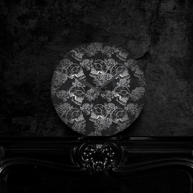 Skulls and Chalk Roses | Gothic Glam Funky Grunge Round Clock (Creator Uploaded)