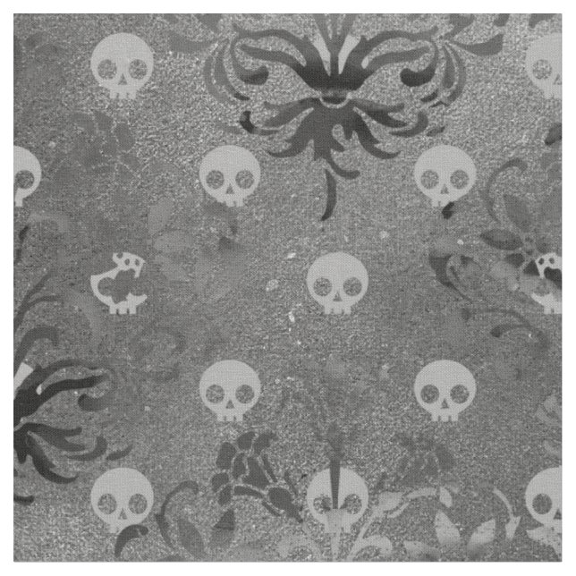 Skulls and Charcoal Damask on Grey Fabric (Close Up)