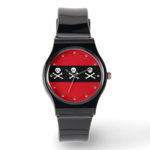SKULLS AND CROSSED BONES RED BLACK PIRATE FLAG WATCH